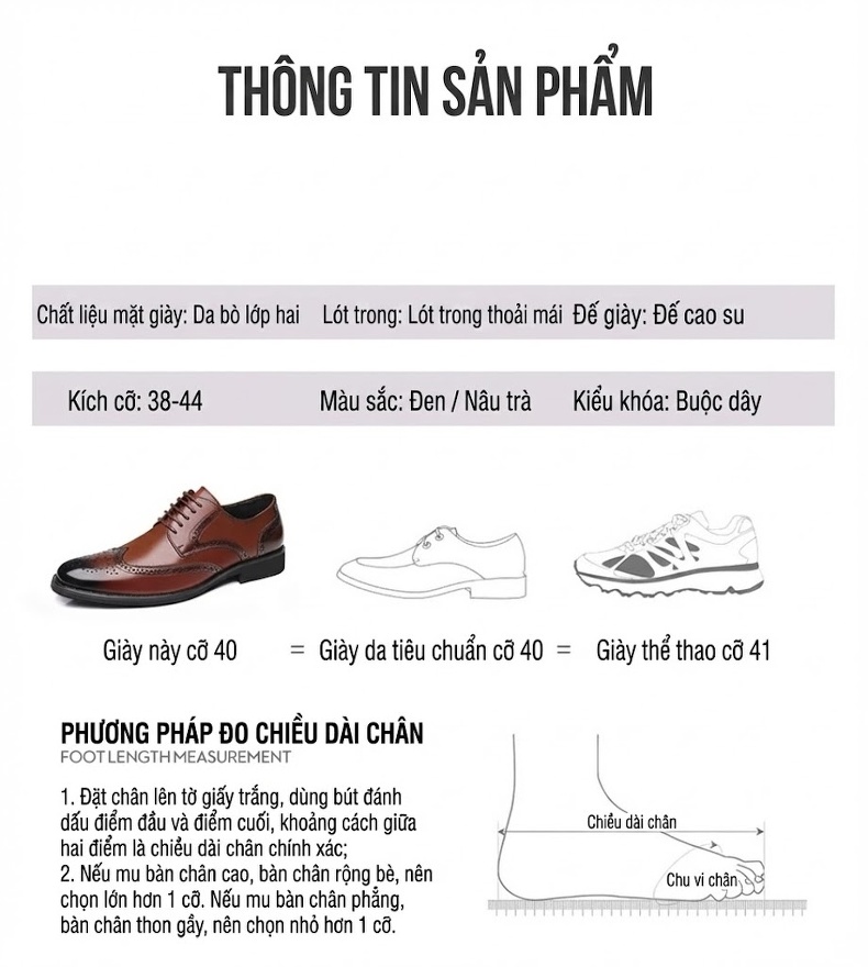Giày Tây Buộc Dây Nam Da Bò Brogue Chiều Cao Đế Khoảng 3cm Màu Đen, Nâu chi tiết 8