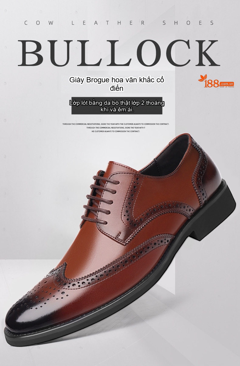 Giày Tây Buộc Dây Nam Da Bò Brogue Chiều Cao Đế Khoảng 3cm Màu Đen, Nâu chi tiết 2