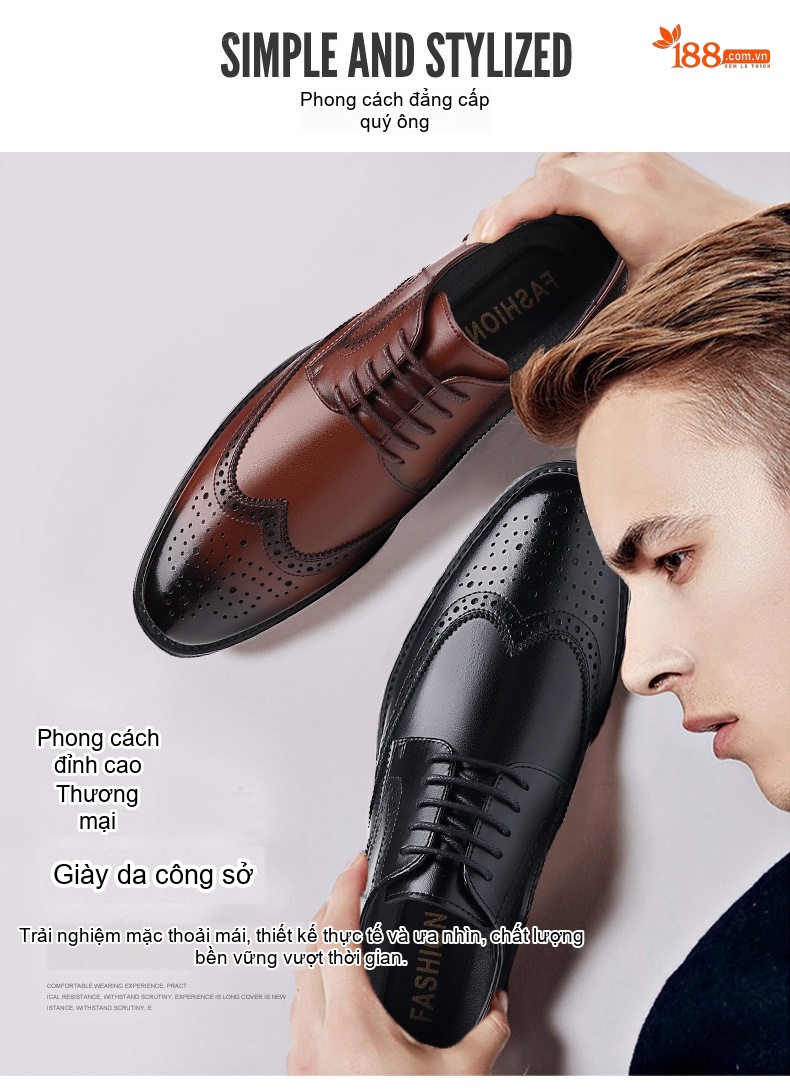 Giày Tây Buộc Dây Nam Da Bò Brogue Chiều Cao Đế Khoảng 3cm Màu Đen, Nâu chi tiết 3