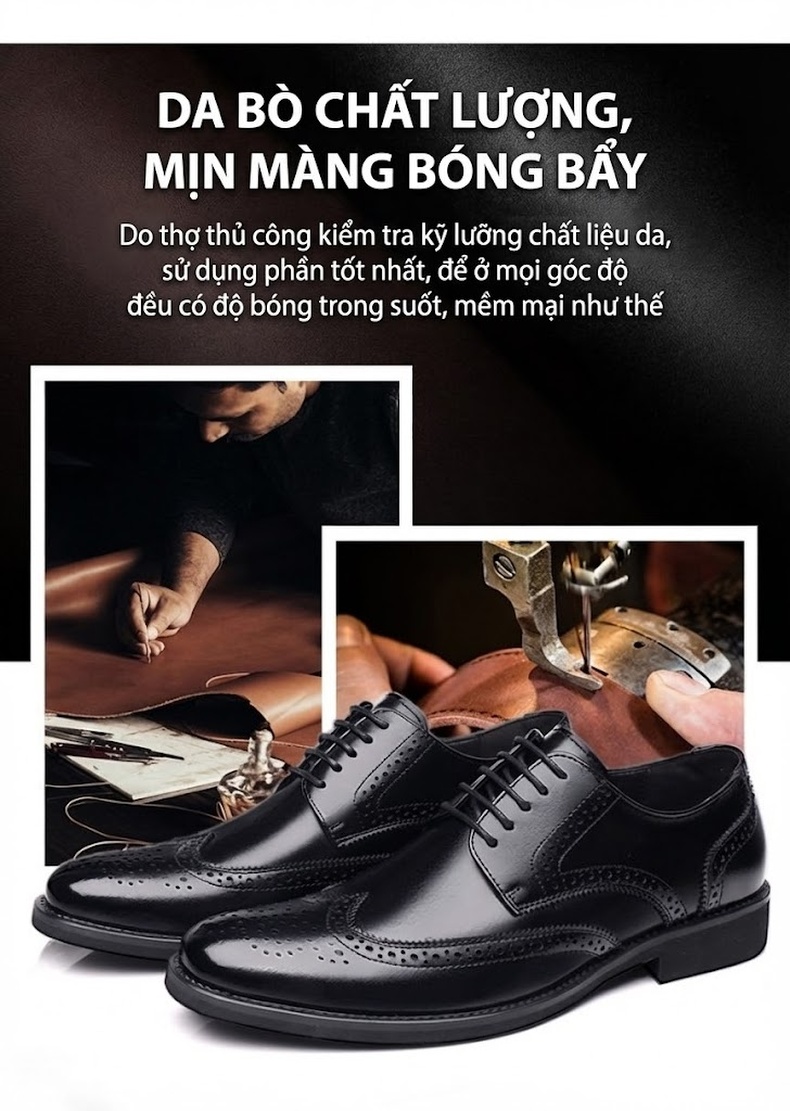Giày Tây Buộc Dây Nam Da Bò Brogue Chiều Cao Đế Khoảng 3cm Màu Đen, Nâu chi tiết 7