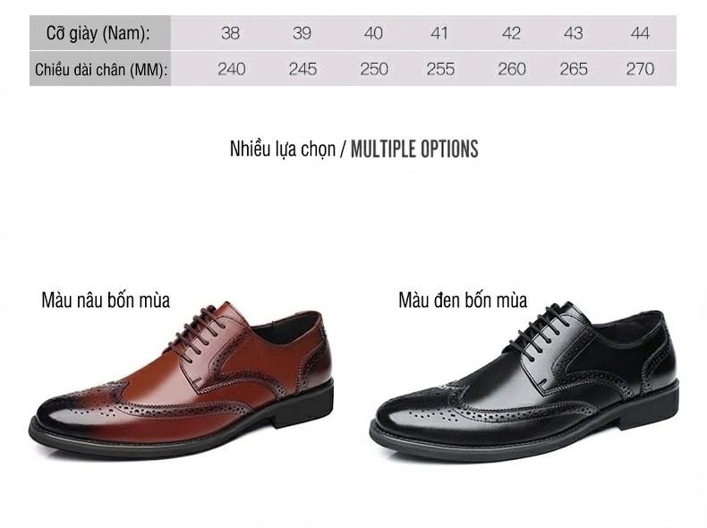 Giày Tây Buộc Dây Nam Da Bò Brogue Chiều Cao Đế Khoảng 3cm Màu Đen, Nâu chi tiết 9