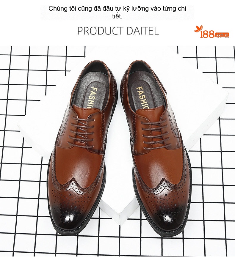 Giày Tây Buộc Dây Nam Da Bò Brogue Chiều Cao Đế Khoảng 3cm Màu Đen, Nâu chi tiết 11