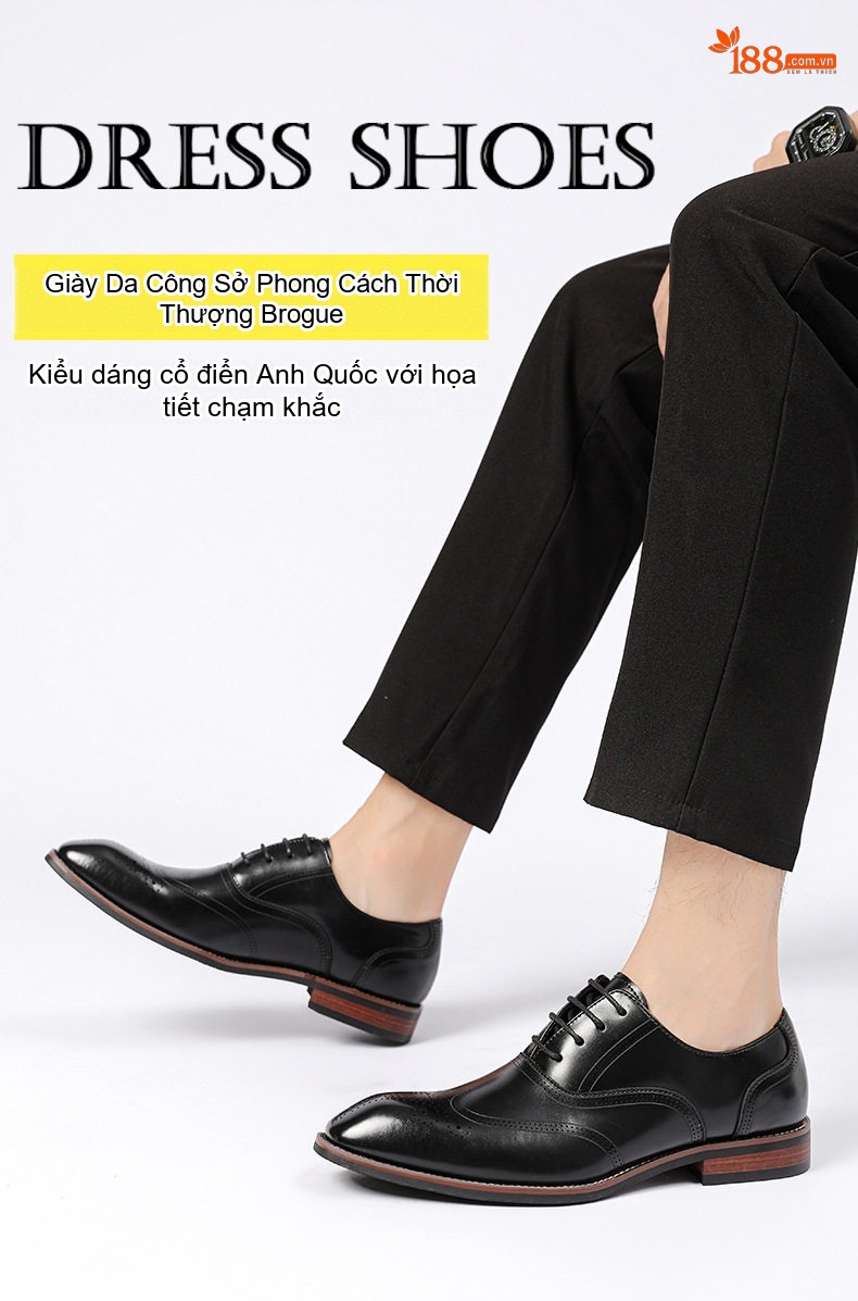 Giày Tây Buộc Dây Nam Da Bò Brogue Chiều Cao Đế Khoảng 3cm Màu Đen, Nâu chi tiết 2