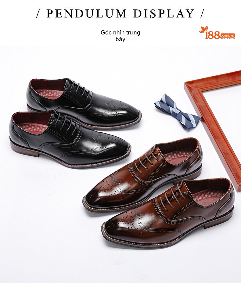 Giày Tây Buộc Dây Nam Da Bò Brogue Chiều Cao Đế Khoảng 3cm Màu Đen, Nâu chi tiết 4