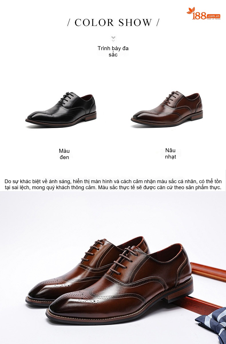 Giày Tây Buộc Dây Nam Da Bò Brogue Chiều Cao Đế Khoảng 3cm Màu Đen, Nâu chi tiết 6