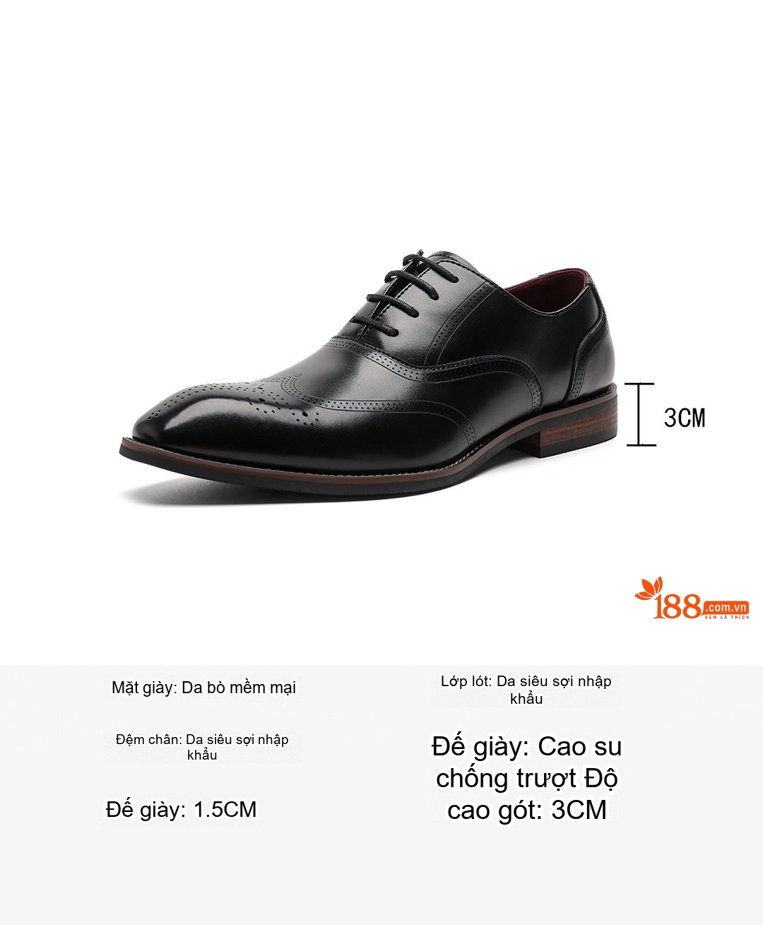 Giày Tây Buộc Dây Nam Da Bò Brogue Chiều Cao Đế Khoảng 3cm Màu Đen, Nâu chi tiết 5