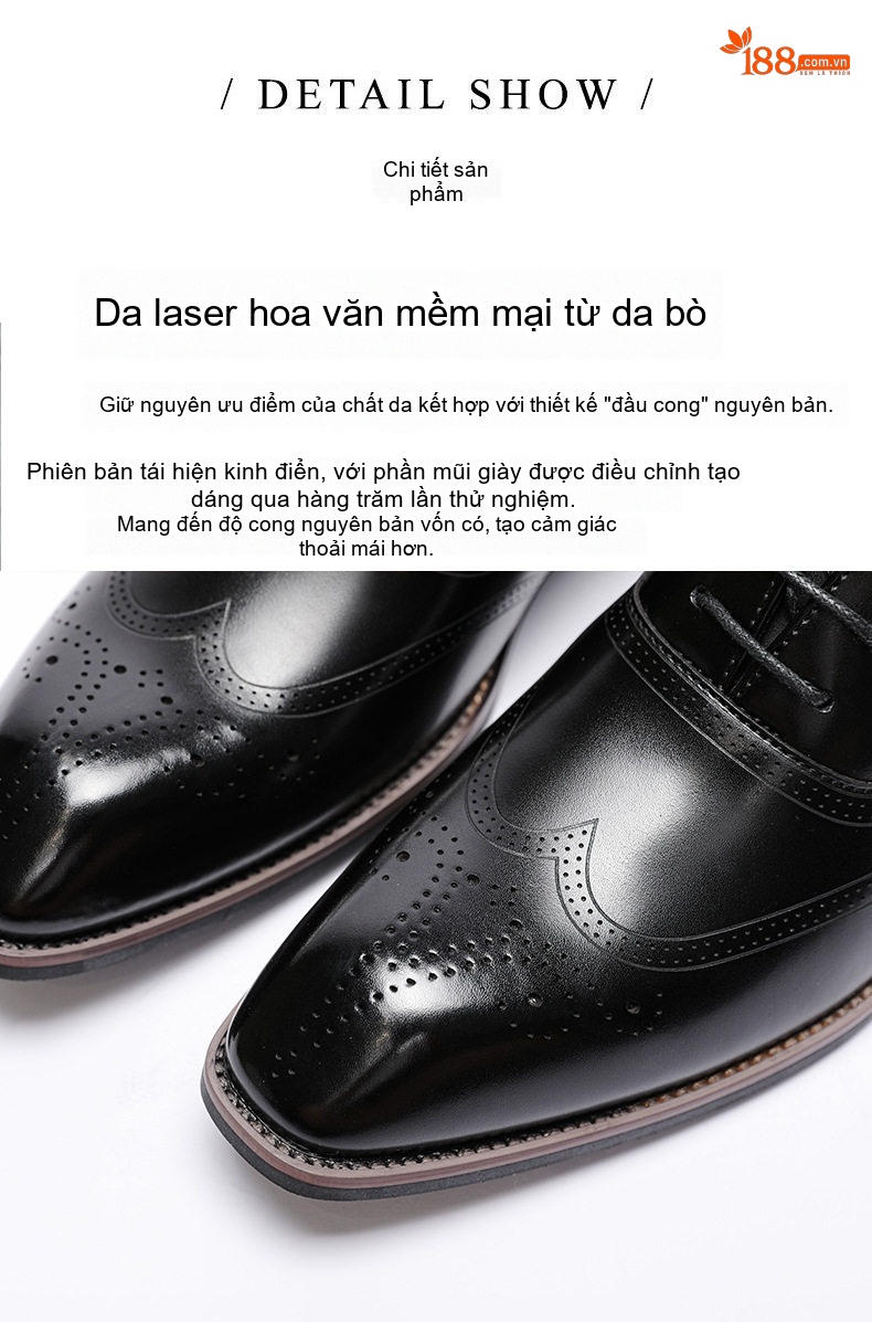 Giày Tây Buộc Dây Nam Da Bò Brogue Chiều Cao Đế Khoảng 3cm Màu Đen, Nâu chi tiết 7