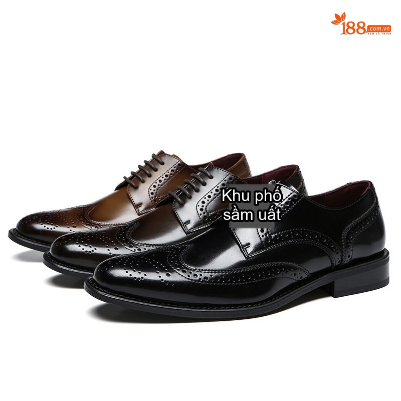 Giày Tây Buộc Dây Nam Da Bò Brogue Chiều Cao Đế Khoảng 3cm Màu Nâu, Đen