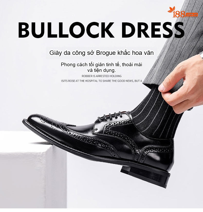 Giày Tây Buộc Dây Nam Da Bò Brogue Chiều Cao Đế Khoảng 3cm Màu Nâu, Đen chi tiết 2