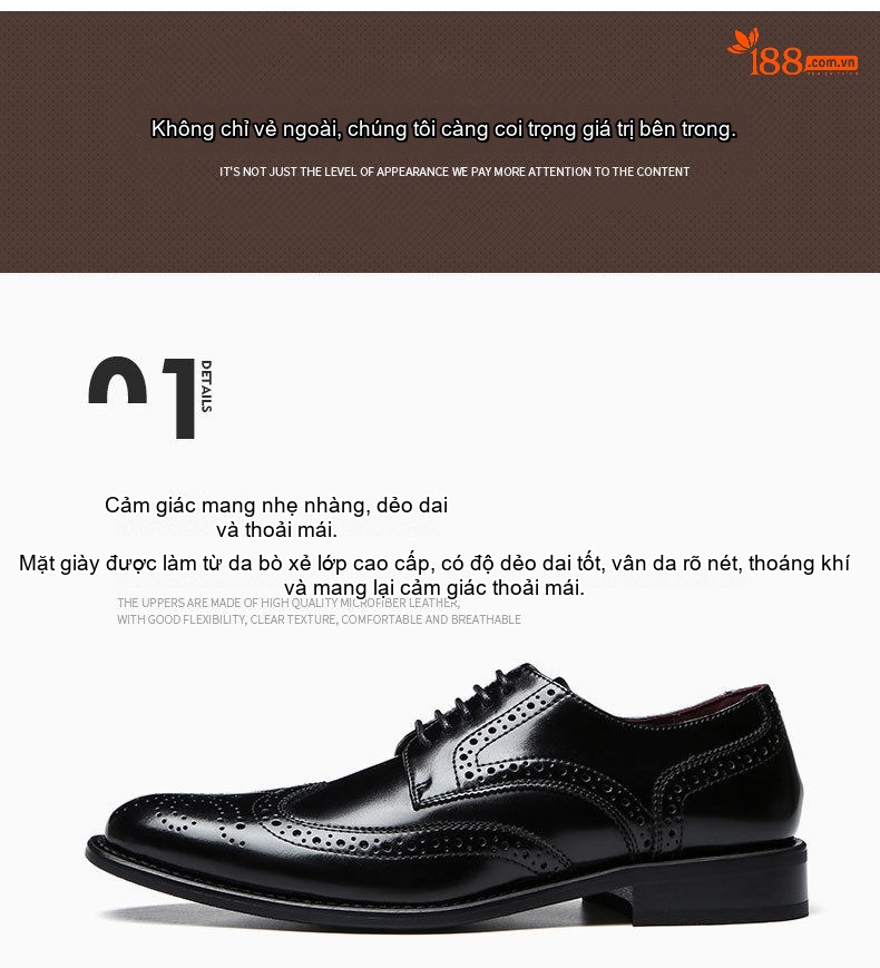 Giày Tây Buộc Dây Nam Da Bò Brogue Chiều Cao Đế Khoảng 3cm Màu Nâu, Đen chi tiết 7