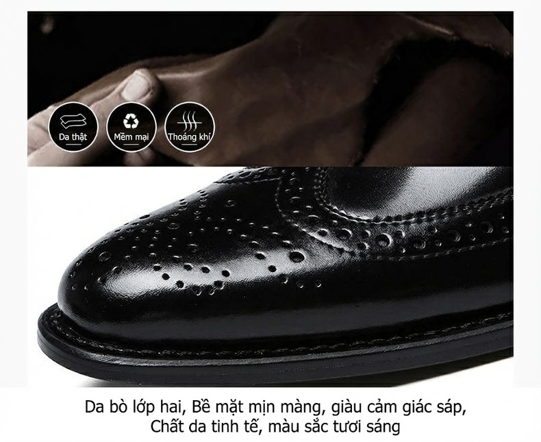Giày Tây Buộc Dây Nam Da Bò Brogue Chiều Cao Đế Khoảng 3cm Màu Nâu, Đen chi tiết 8
