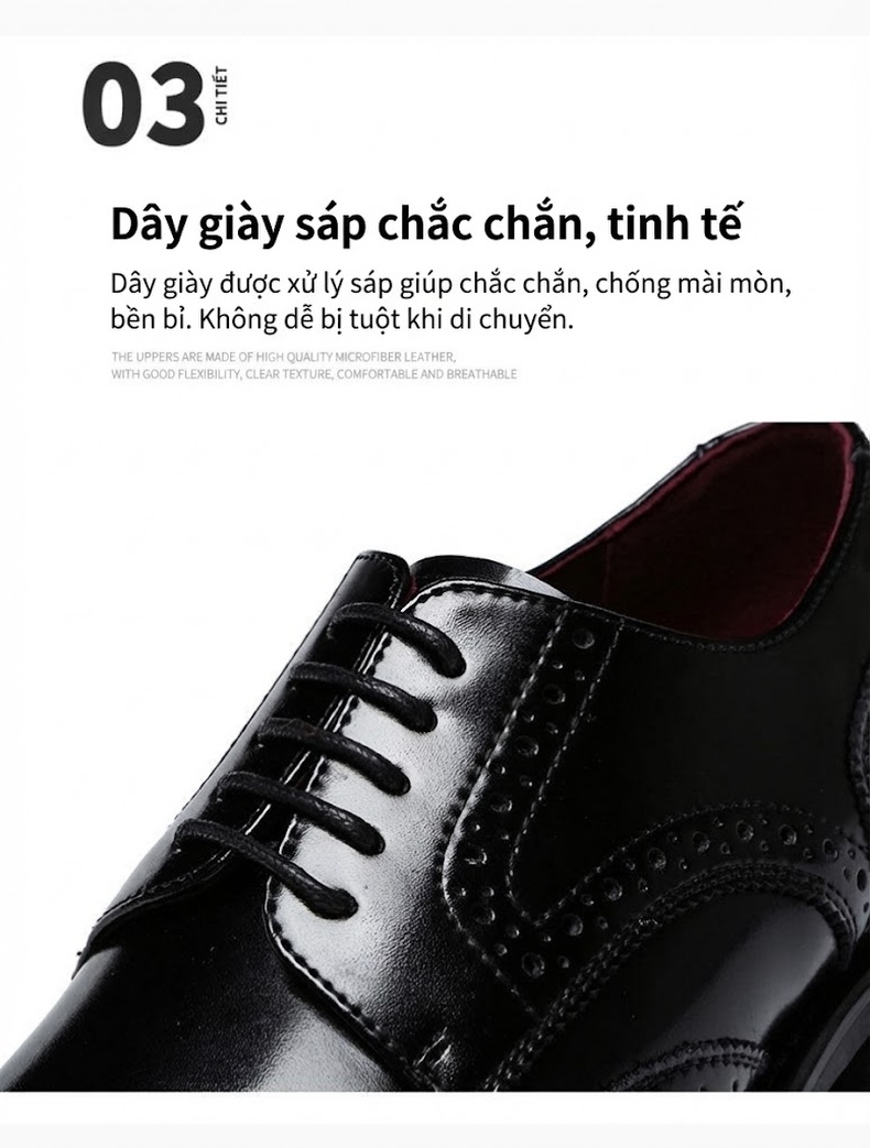 Giày Tây Buộc Dây Nam Da Bò Brogue Chiều Cao Đế Khoảng 3cm Màu Nâu, Đen chi tiết 10