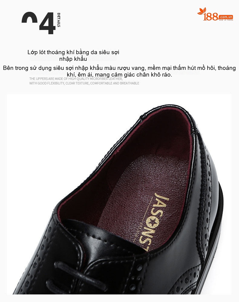 Giày Tây Buộc Dây Nam Da Bò Brogue Chiều Cao Đế Khoảng 3cm Màu Nâu, Đen chi tiết 11