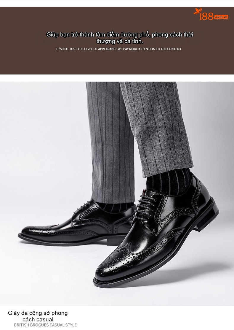 Giày Tây Buộc Dây Nam Da Bò Brogue Chiều Cao Đế Khoảng 3cm Màu Nâu, Đen chi tiết 12