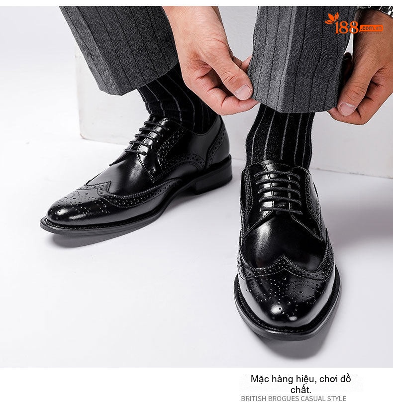 Giày Tây Buộc Dây Nam Da Bò Brogue Chiều Cao Đế Khoảng 3cm Màu Nâu, Đen chi tiết 13
