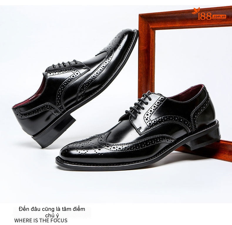 Giày Tây Buộc Dây Nam Da Bò Brogue Chiều Cao Đế Khoảng 3cm Màu Nâu, Đen chi tiết 15