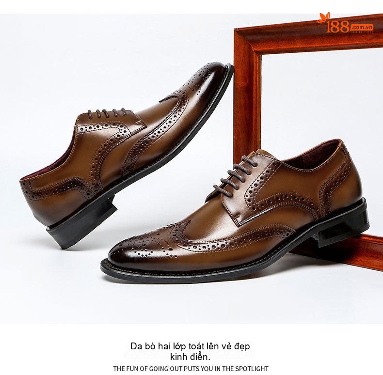 Giày Tây Buộc Dây Nam Da Bò Brogue Chiều Cao Đế Khoảng 3cm Màu Nâu, Đen chi tiết 18