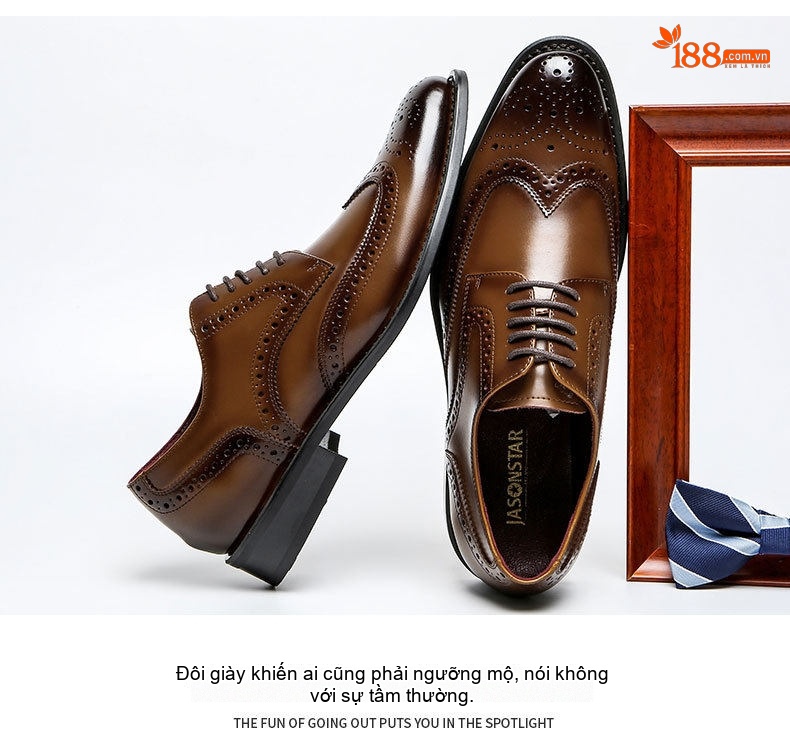 Giày Tây Buộc Dây Nam Da Bò Brogue Chiều Cao Đế Khoảng 3cm Màu Nâu, Đen chi tiết 19