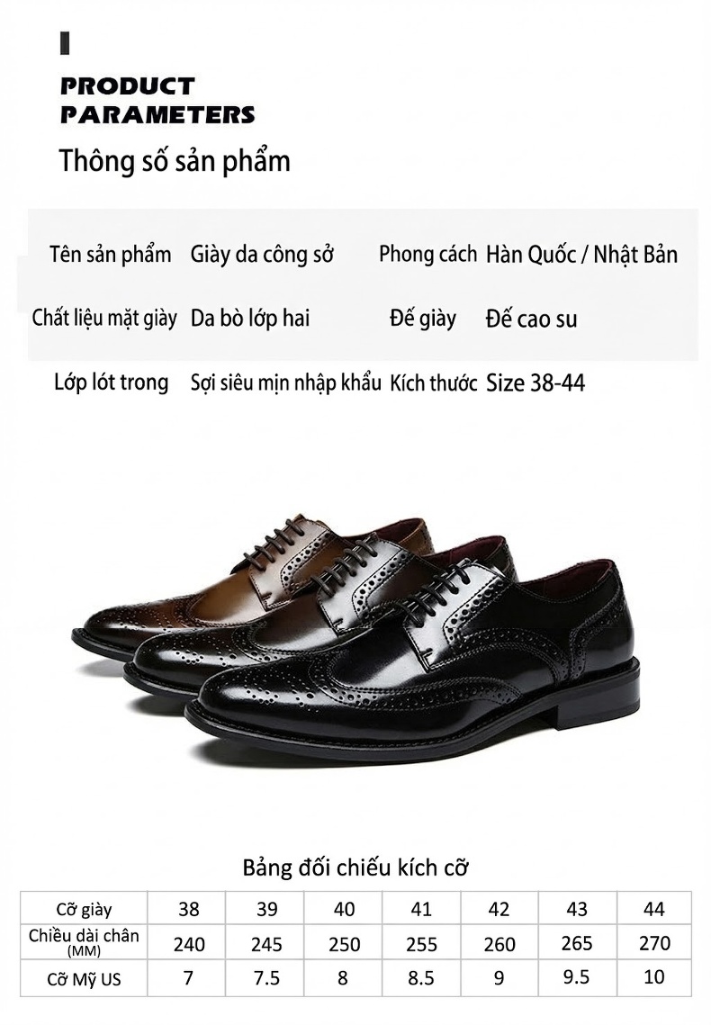 Giày Tây Buộc Dây Nam Da Bò Brogue Chiều Cao Đế Khoảng 3cm Màu Nâu, Đen chi tiết 4