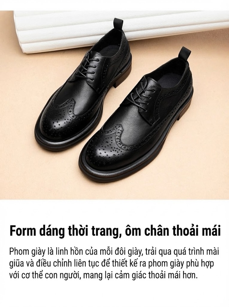 Giày Tây Buộc Dây Nam Da Bò Brogue Chiều Cao Đế Khoảng 4cm Màu Đen, Nâu chi tiết 3