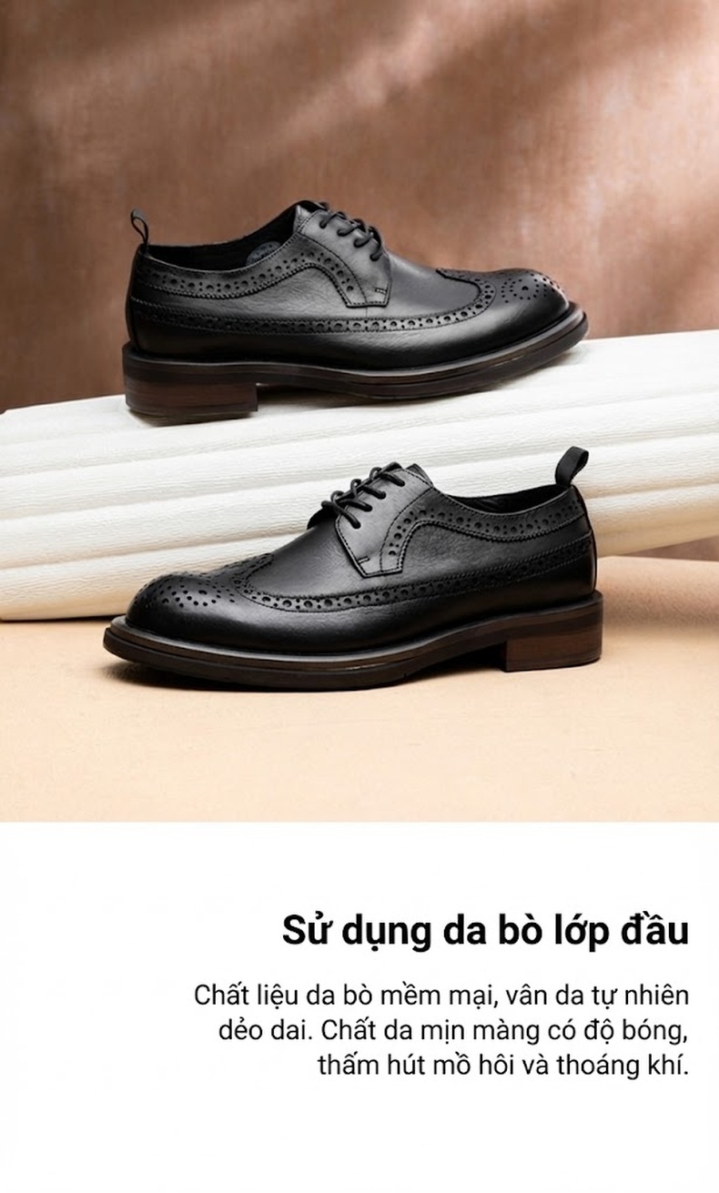 Giày Tây Buộc Dây Nam Da Bò Brogue Chiều Cao Đế Khoảng 4cm Màu Đen, Nâu chi tiết 4