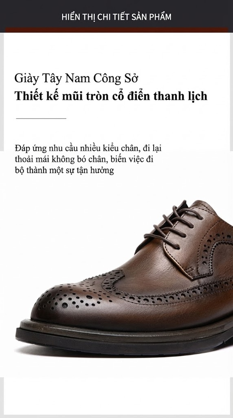 Giày Tây Buộc Dây Nam Da Bò Brogue Chiều Cao Đế Khoảng 4cm Màu Đen, Nâu chi tiết 9