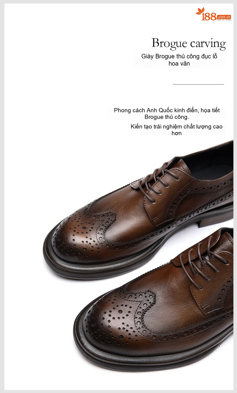 Giày Tây Buộc Dây Nam Da Bò Brogue Chiều Cao Đế Khoảng 4cm Màu Đen, Nâu chi tiết 11
