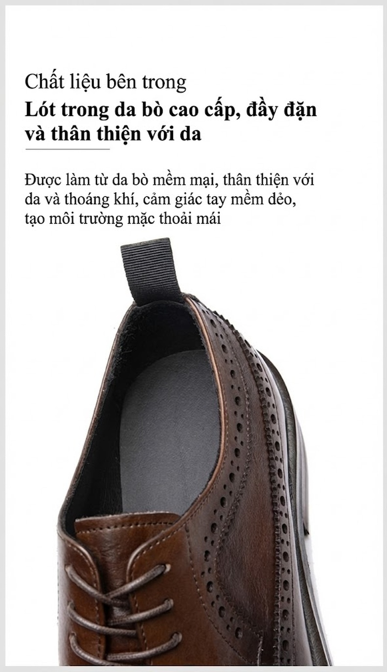 Giày Tây Buộc Dây Nam Da Bò Brogue Chiều Cao Đế Khoảng 4cm Màu Đen, Nâu chi tiết 12