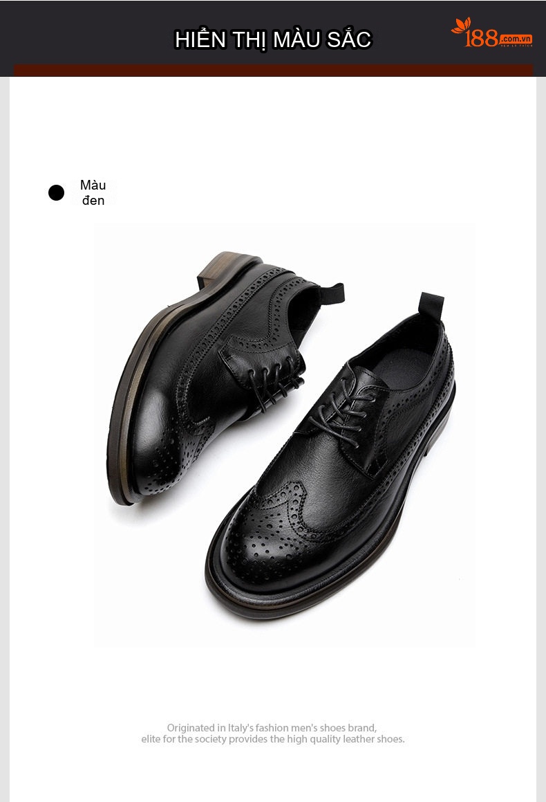 Giày Tây Buộc Dây Nam Da Bò Brogue Chiều Cao Đế Khoảng 4cm Màu Đen, Nâu chi tiết 14