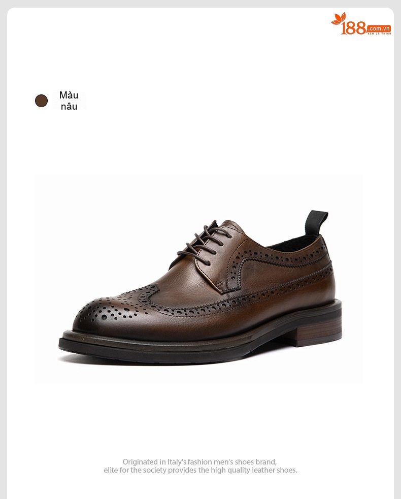 Giày Tây Buộc Dây Nam Da Bò Brogue Chiều Cao Đế Khoảng 4cm Màu Đen, Nâu chi tiết 16