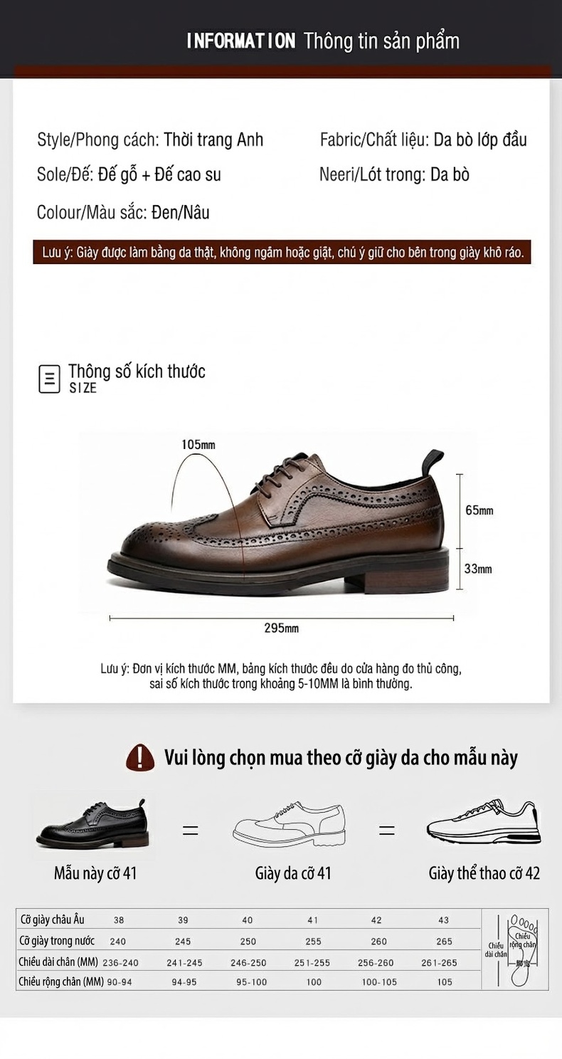 Giày Tây Buộc Dây Nam Da Bò Brogue Chiều Cao Đế Khoảng 4cm Màu Đen, Nâu chi tiết 7