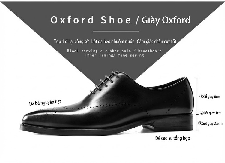 Giày Tây Buộc Dây Nam Da Bò Brogue Oxford Chiều Cao Đế Khoảng 3cm Màu Đen, Nâu chi tiết 2