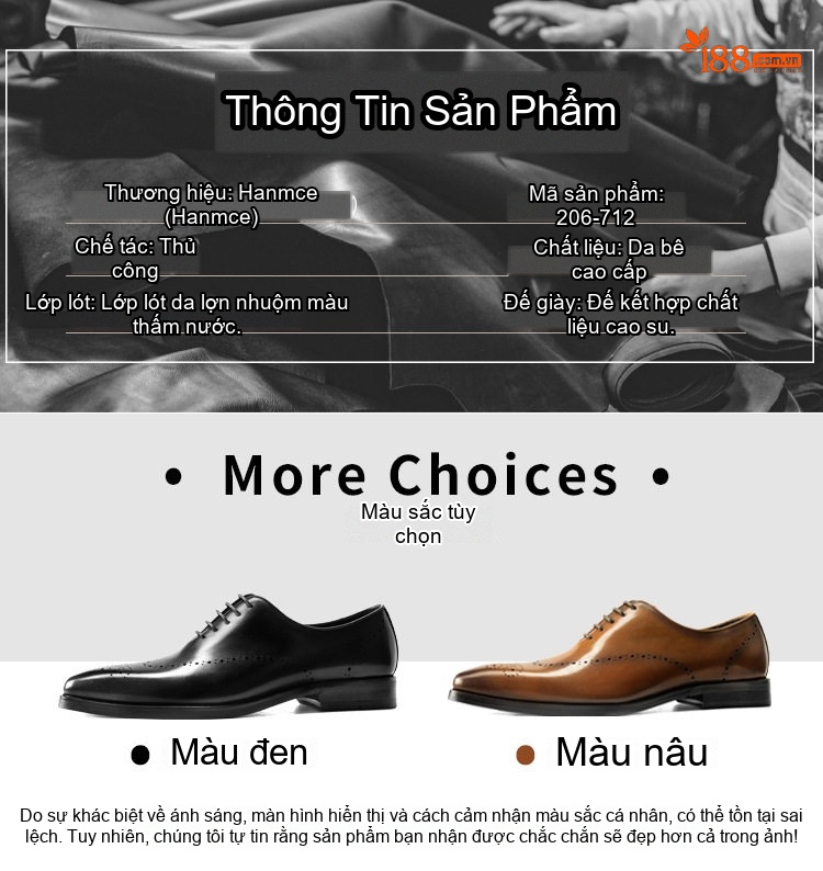 Giày Tây Buộc Dây Nam Da Bò Brogue Oxford Chiều Cao Đế Khoảng 3cm Màu Đen, Nâu chi tiết 4