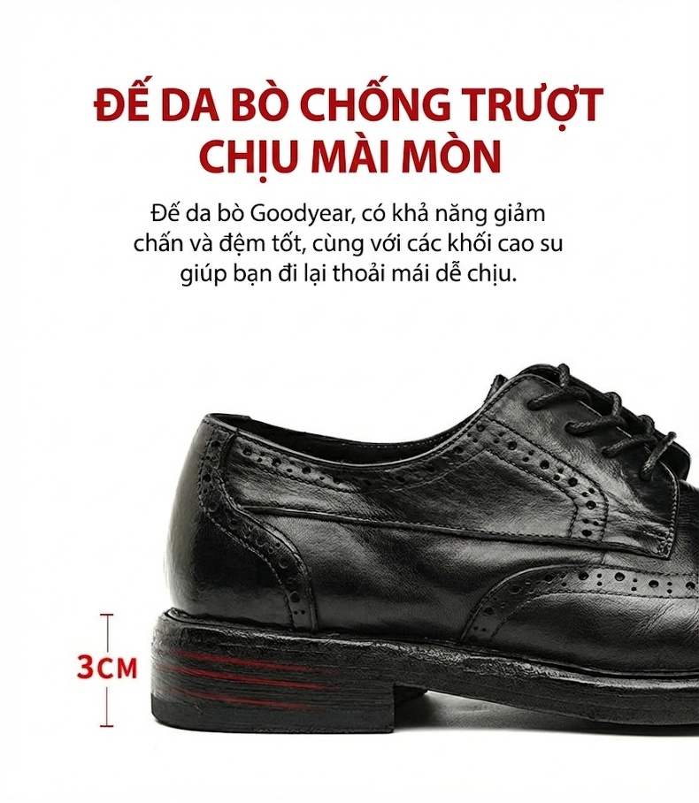 Giày Tây Buộc Dây Nam Da Bò Chạm Khắc Chiều Cao Đế Khoảng 3cm Màu Nâu, Đen chi tiết 12