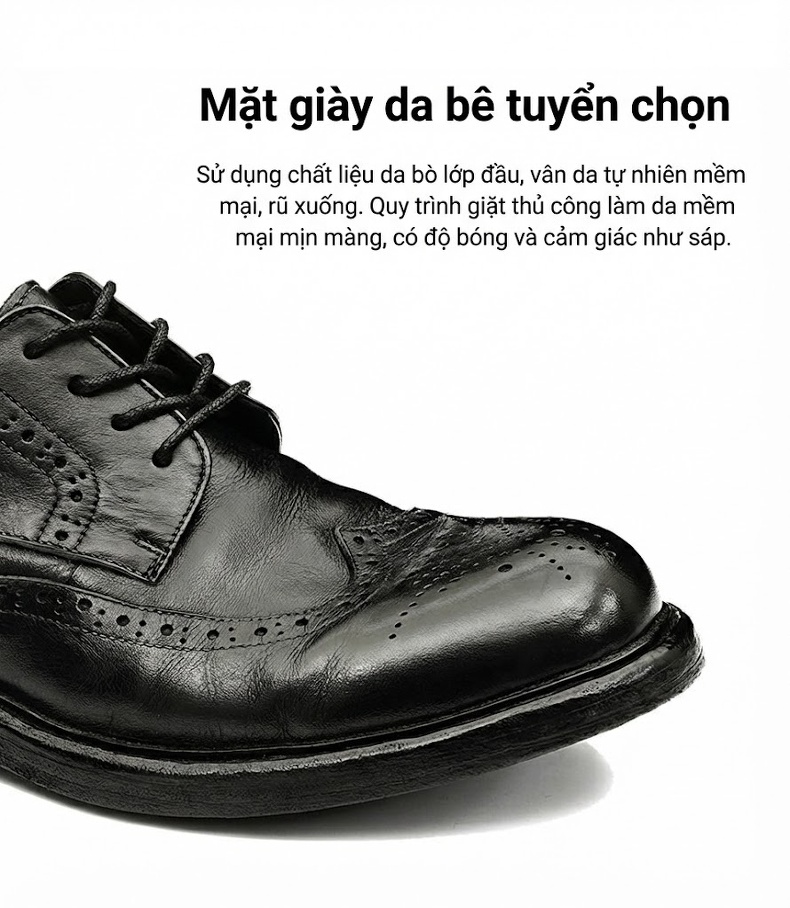 Giày Tây Buộc Dây Nam Da Bò Chạm Khắc Chiều Cao Đế Khoảng 3cm Màu Nâu, Đen chi tiết 9