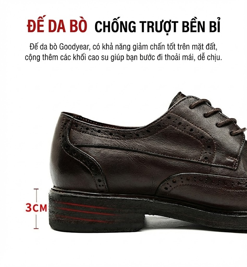 Giày Tây Buộc Dây Nam Da Bò Chạm Khắc Chiều Cao Đế Khoảng 3cm Màu Nâu, Đen chi tiết 22