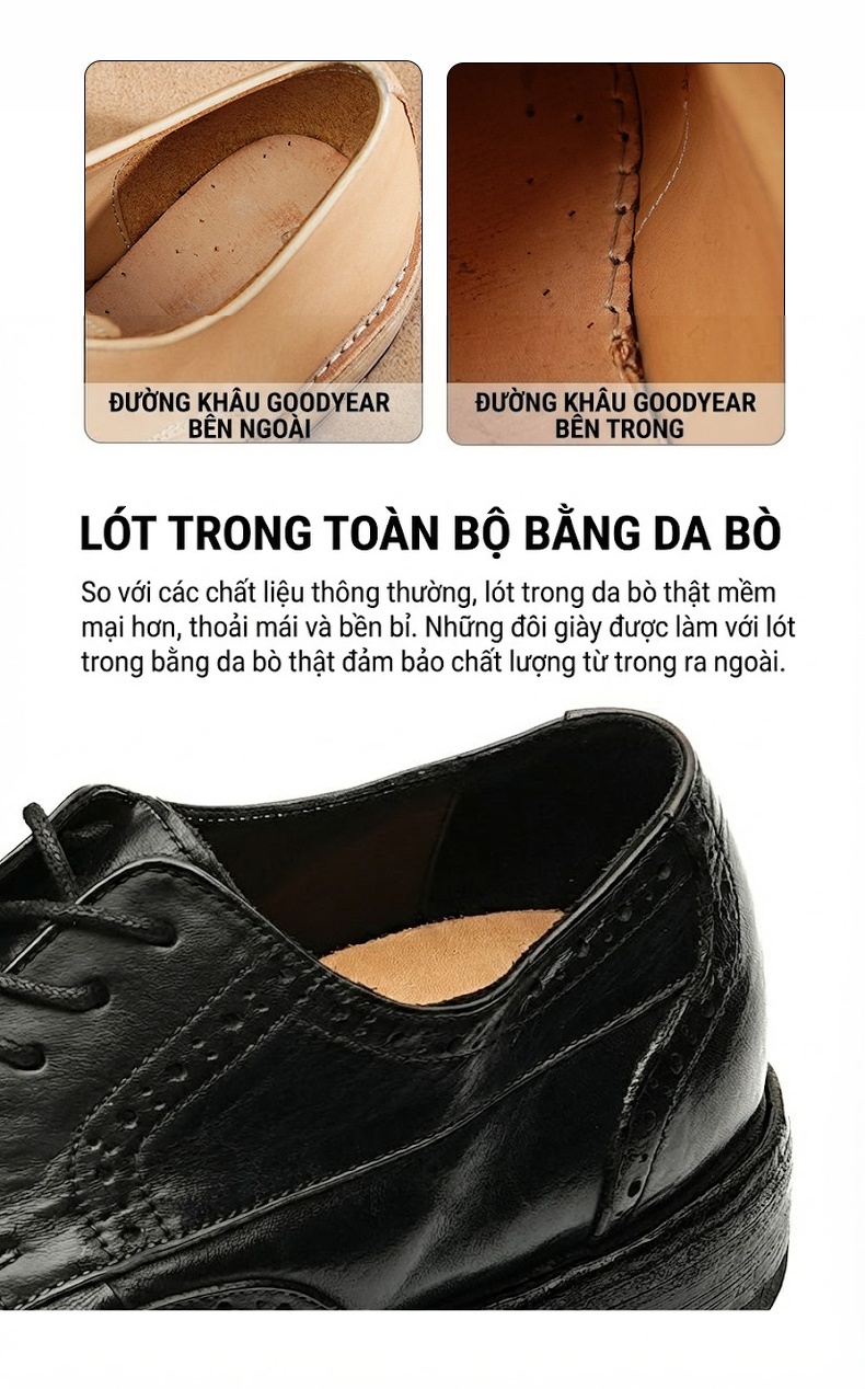 Giày Tây Buộc Dây Nam Da Bò Chạm Khắc Chiều Cao Đế Khoảng 3cm Màu Nâu, Đen chi tiết 10