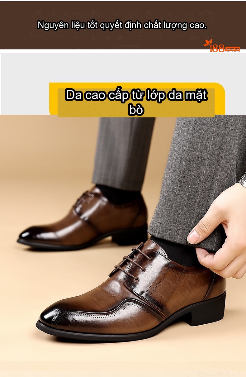 Giày Tây Buộc Dây Nam Da Bò Chiều Cao Đế 4cm Màu Đen, Nâu chi tiết 7