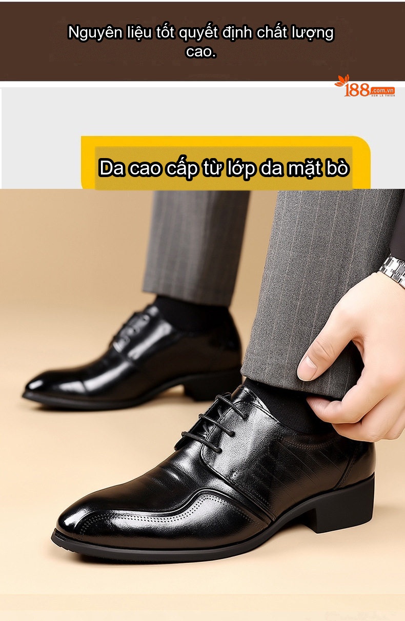 Giày Tây Buộc Dây Nam Da Bò Chiều Cao Đế 4cm Màu Đen, Nâu chi tiết 8