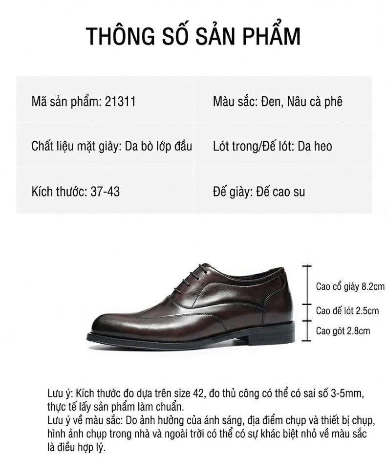 Giày Tây Buộc Dây Nam Da Bò Chiều Cao Đế 5.3cm Màu Đen, Nâu chi tiết 3