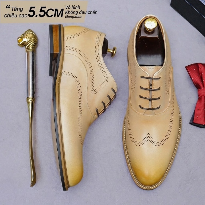 Giày Tây Buộc Dây Nam Da Bò Chiều Cao Đế 5.5cm Màu Vàng Be