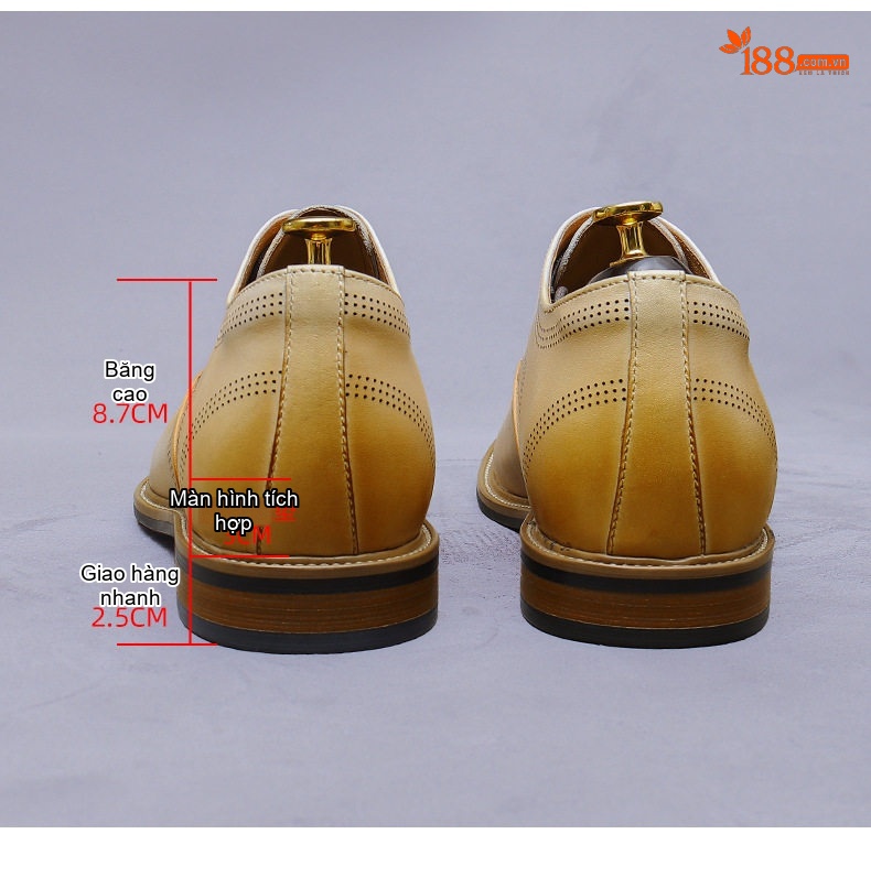 Giày Tây Buộc Dây Nam Da Bò Chiều Cao Đế 5.5cm Màu Vàng Be chi tiết 8