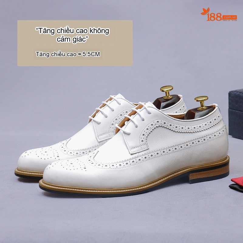 Giày Tây Buộc Dây Nam Da Bò Chiều Cao Đế 5cm Họa Tiết Màu Trắng