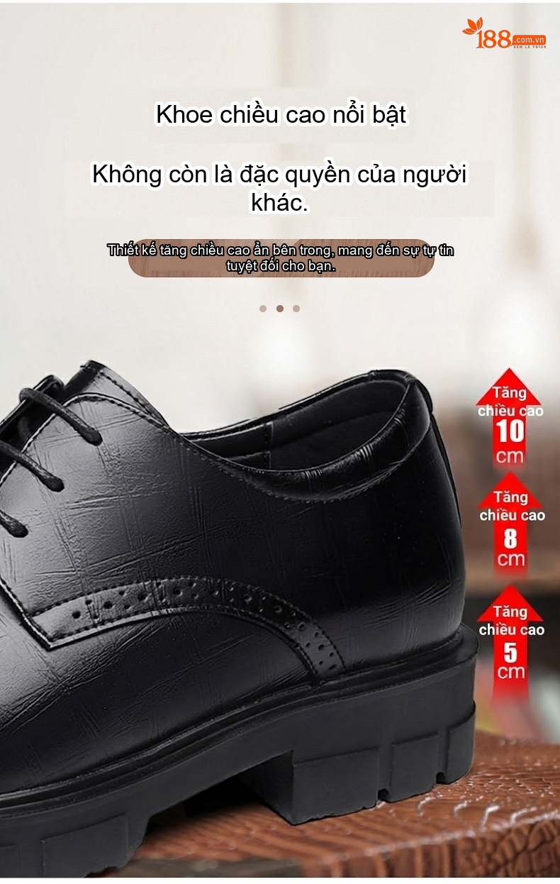 Giày Tây Buộc Dây Nam Da Bò Chiều Cao Đế 8cm-10cm Phong Cách Lịch Lãm Màu Đen, Nâu chi tiết 3