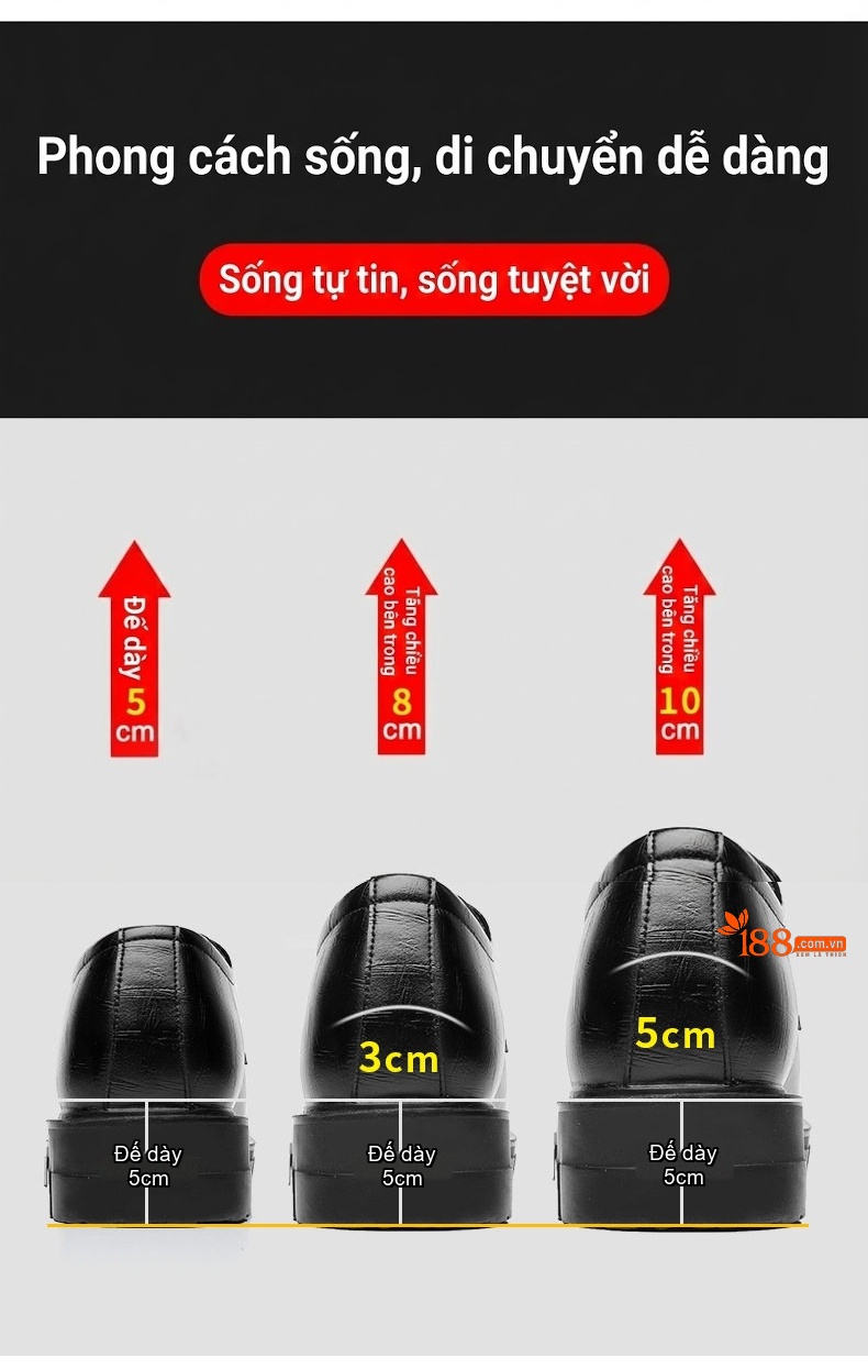 Giày Tây Buộc Dây Nam Da Bò Chiều Cao Đế 8cm-10cm Phong Cách Lịch Lãm Màu Đen, Nâu chi tiết 6