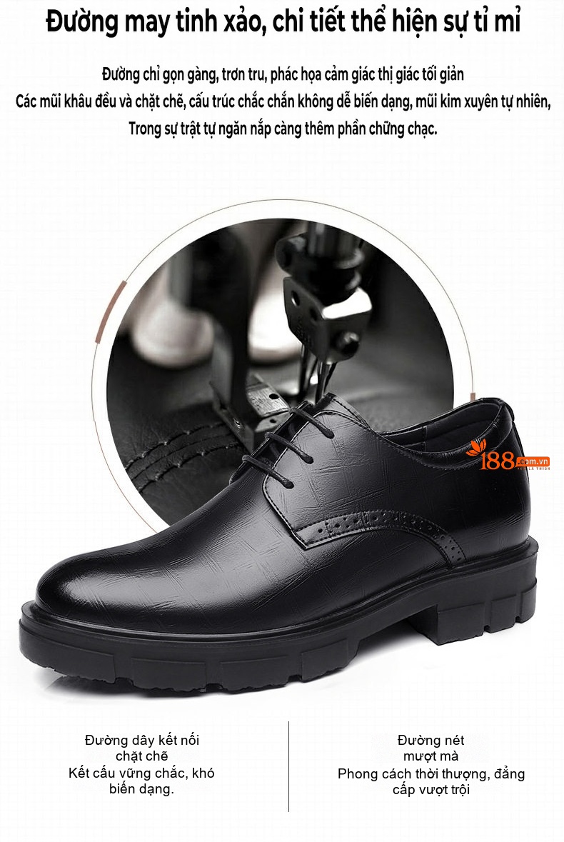 Giày Tây Buộc Dây Nam Da Bò Chiều Cao Đế 8cm-10cm Phong Cách Lịch Lãm Màu Đen, Nâu chi tiết 9