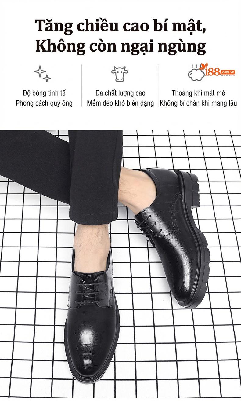 Giày Tây Buộc Dây Nam Da Bò Chiều Cao Đế 8cm-10cm Phong Cách Lịch Lãm Màu Đen, Nâu chi tiết 11