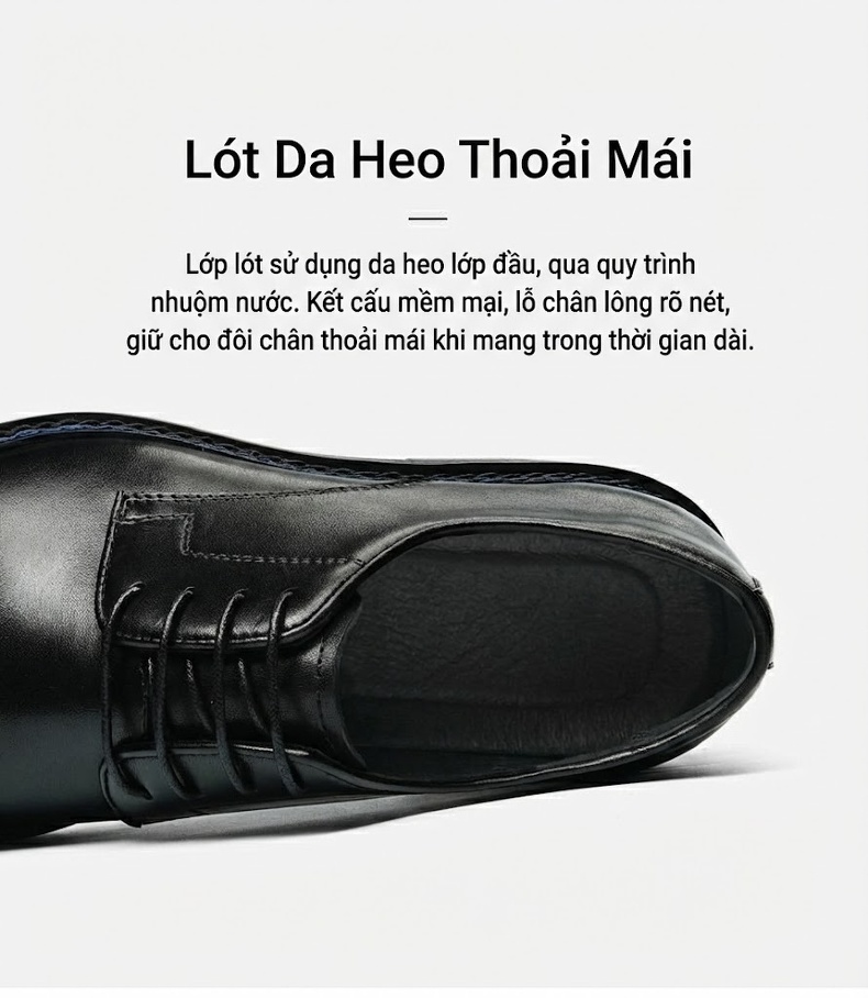 Giày Tây Buộc Dây Nam Da Bò Chiều Cao Đế Khoảng 3cm Màu Đen chi tiết 5