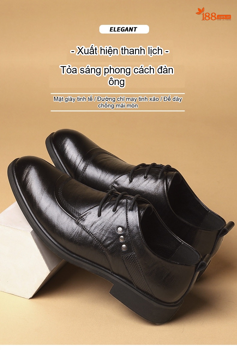 Giày Tây Buộc Dây Nam Da Bò Chiều Cao Đế Khoảng 3cm Màu Đen chi tiết 1