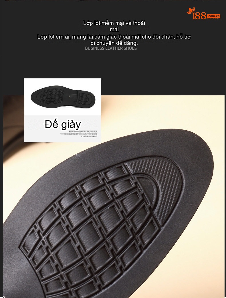Giày Tây Buộc Dây Nam Da Bò Chiều Cao Đế Khoảng 3cm Màu Đen chi tiết 10